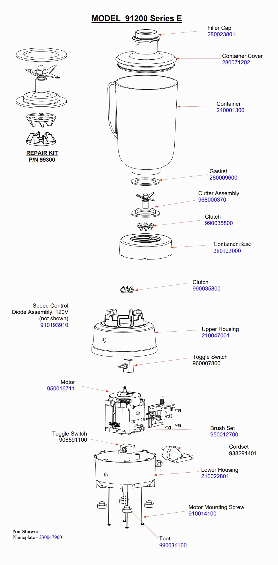 Diagram Diagram and Parts List for 91200-E  Hamilton Beach Blender